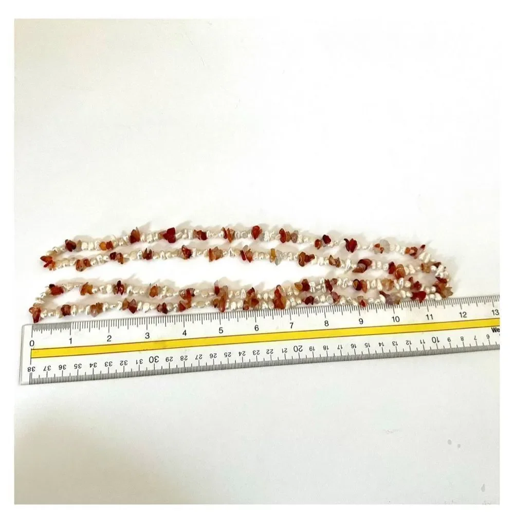 Freshwater pearl and carnelian chip long necklace